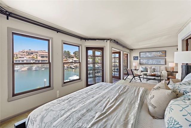648 Harbor Island Dr, Newport Beach, CA 92660 - bedroom featuring access to exterior, carpet, and a water view