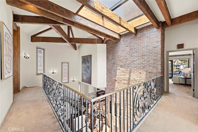 648 Harbor Island Dr, Newport Beach, CA 92660 - hallway with carpet flooring, beam ceiling, and high vaulted ceiling