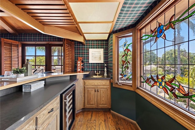 648 Harbor Island Dr, Newport Beach, CA 92660 - indoor wet bar with wine cooler, dark wood-style flooring, and beamed ceiling