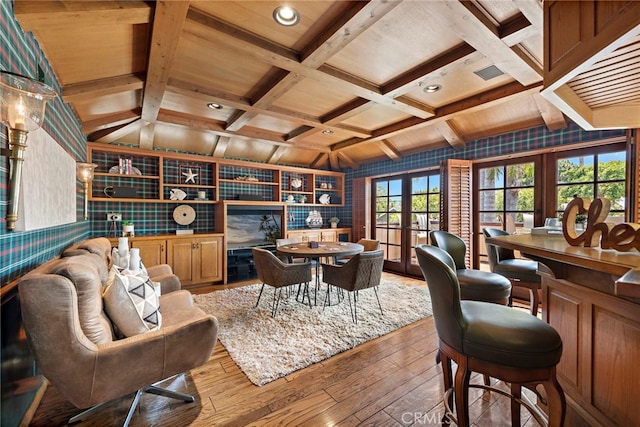 648 Harbor Island Dr, Newport Beach, CA 92660 - home office featuring hardwood / wood-style flooring, french doors, beam ceiling, coffered ceiling, and recessed lighting