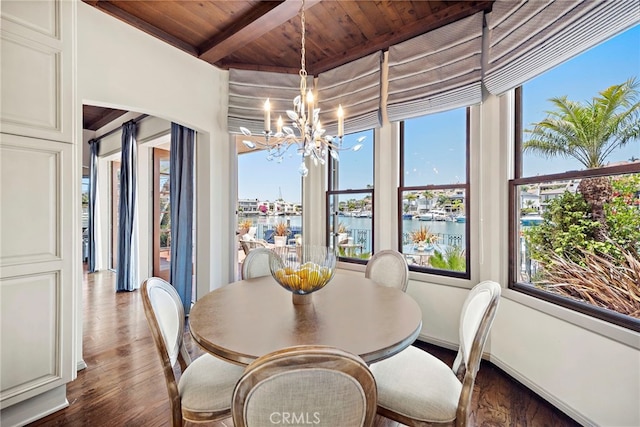 648 Harbor Island Dr, Newport Beach, CA 92660 - dining room with a chandelier, a wooden ceiling with exposed beams, dark wood finished floors, and a water view