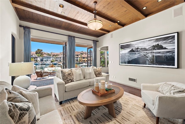 648 Harbor Island Dr, Newport Beach, CA 92660 - living room with a wood ceiling with exposed beams and recessed lighting