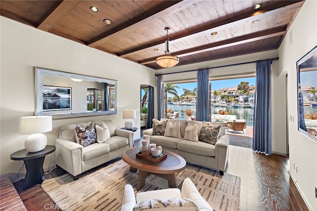 648 Harbor Island Dr, Newport Beach, CA 92660 - living room with a wooden ceiling with exposed beams, dark wood-style floors, plenty of natural light, and a water view