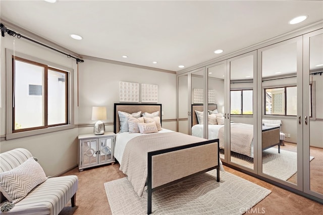 648 Harbor Island Dr, Newport Beach, CA 92660 - bedroom with light colored carpet, multiple windows, recessed lighting, and crown molding