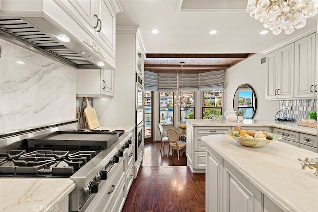 648 Harbor Island Dr, Newport Beach, CA 92660 - kitchen featuring custom range hood, stainless steel appliances, dark wood-style flooring, recessed lighting, and white cabinetry