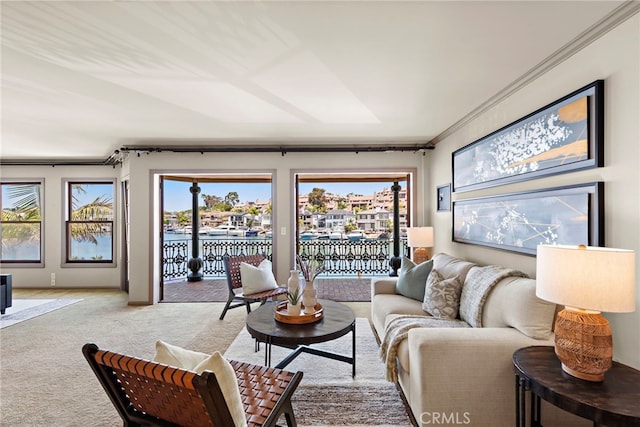 648 Harbor Island Dr, Newport Beach, CA 92660 - living room featuring light carpet, plenty of natural light, crown molding, and a water view