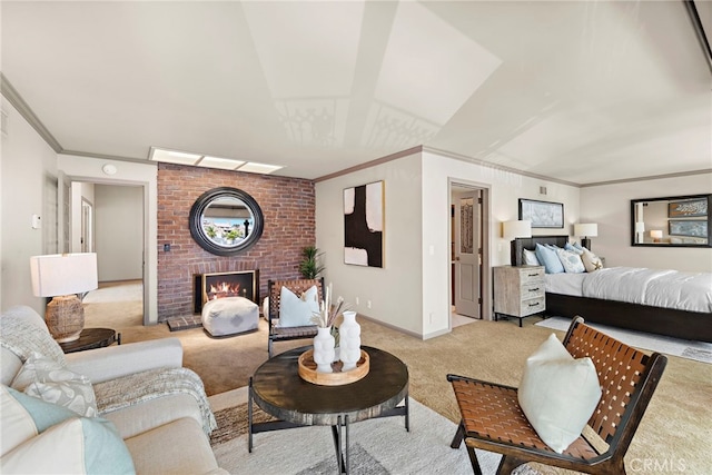648 Harbor Island Dr, Newport Beach, CA 92660 - bedroom featuring light colored carpet, crown molding, and a fireplace