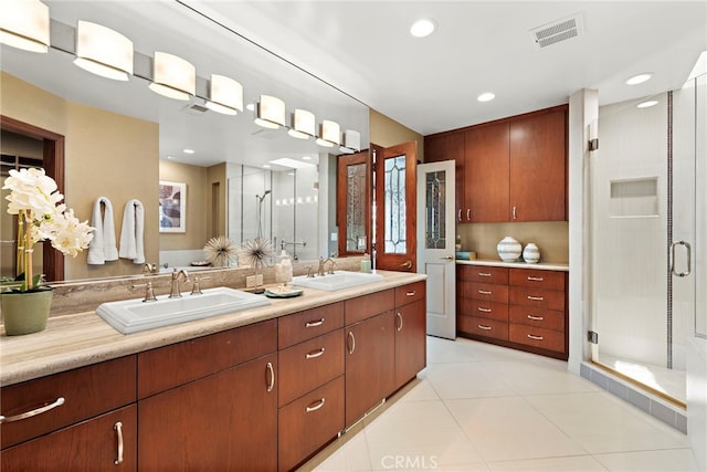 648 Harbor Island Dr, Newport Beach, CA 92660 - bathroom with double vanity, a shower stall, tile patterned floors, and recessed lighting