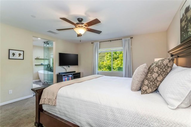 17138 Hickory Ridge Ct, Canyon Country, CA 91387 - carpeted bedroom featuring a ceiling fan and ensuite bath