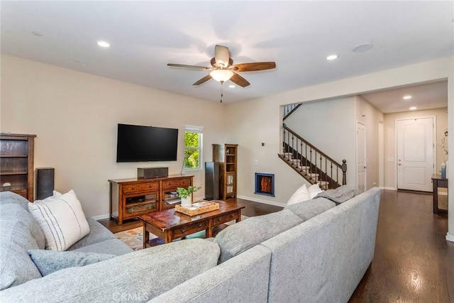 17138 Hickory Ridge Ct, Canyon Country, CA 91387 - living area featuring stairway, a ceiling fan, recessed lighting, and dark wood finished floors