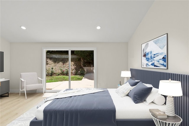 12847 Winthrop Ave, Granada Hills, CA 91344 - bedroom with access to exterior, wood finished floors, recessed lighting, and lofted ceiling