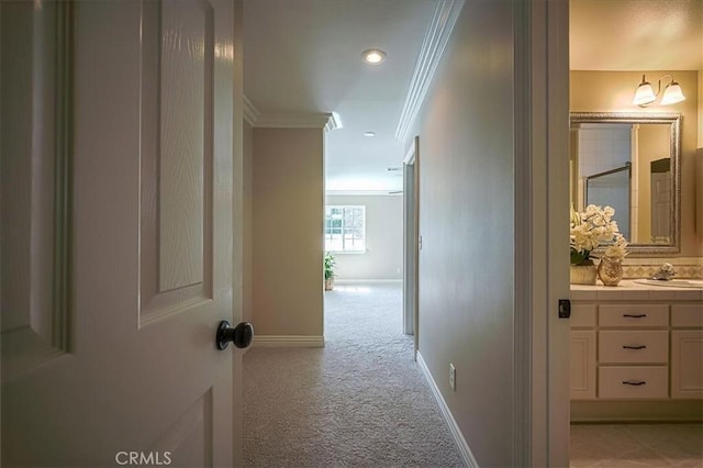 1375 N Euclid Ave, Upland, CA 91786 - hall featuring crown molding, light carpet, and recessed lighting