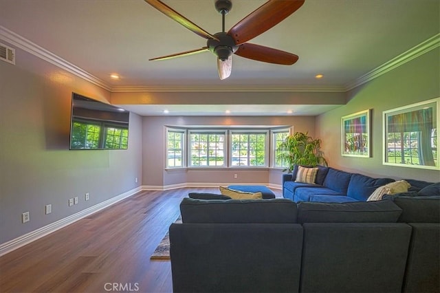 1375 N Euclid Ave, Upland, CA 91786 - living room featuring crown molding, a ceiling fan, wood finished floors, and recessed lighting