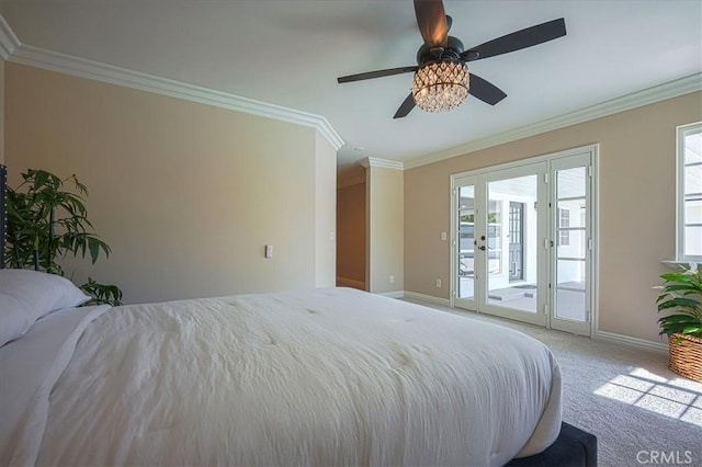1375 N Euclid Ave, Upland, CA 91786 - bedroom featuring access to exterior, crown molding, multiple windows, light colored carpet, and ceiling fan
