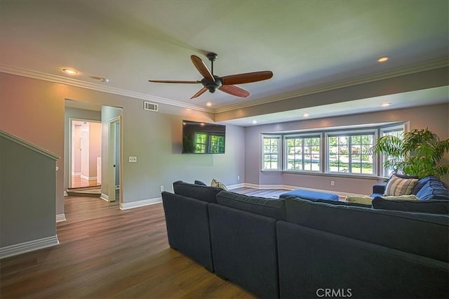 1375 N Euclid Ave, Upland, CA 91786 - living area featuring ceiling fan, crown molding, dark wood finished floors, and recessed lighting