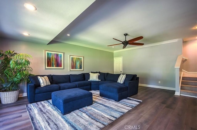 1375 N Euclid Ave, Upland, CA 91786 - living area featuring stairs, wood finished floors, recessed lighting, ceiling fan, and crown molding
