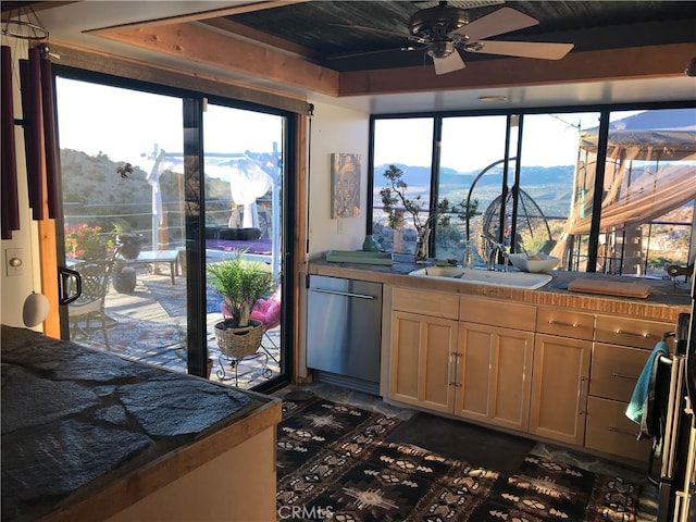 56564 Nelson Ave, Yucca Valley, CA 92284 - kitchen with dishwasher, a ceiling fan, and a mountain view