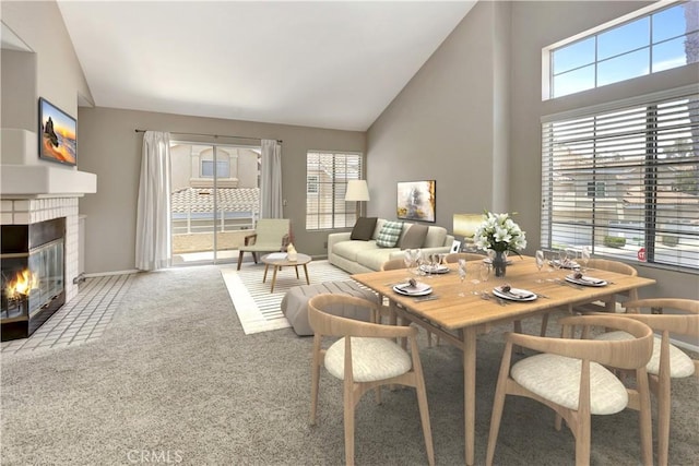 27982 Via Del Agua, Laguna Niguel, CA 92677 - living area featuring healthy amount of natural light, carpet flooring, high vaulted ceiling, and a fireplace