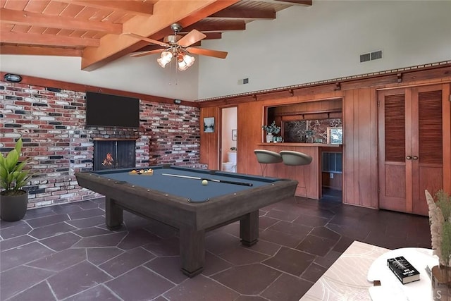 17654 Prairie St, Northridge, CA 91325 - game room with a ceiling fan, billiards, brick wall, high vaulted ceiling, and a brick fireplace