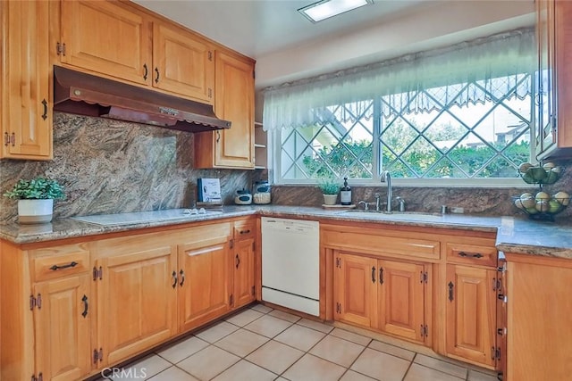 17654 Prairie St, Northridge, CA 91325 - kitchen with dishwasher, electric cooktop, under cabinet range hood, light tile patterned floors, and decorative backsplash