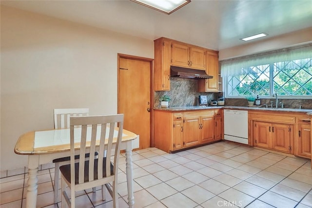 17654 Prairie St, Northridge, CA 91325 - kitchen with dishwasher, under cabinet range hood, backsplash, and light tile patterned floors