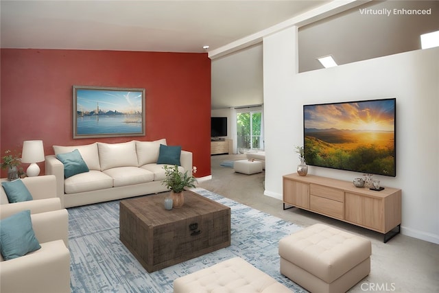 3556 Cypress St, Clearlake, CA 95422 - living room featuring light carpet, an accent wall, and lofted ceiling