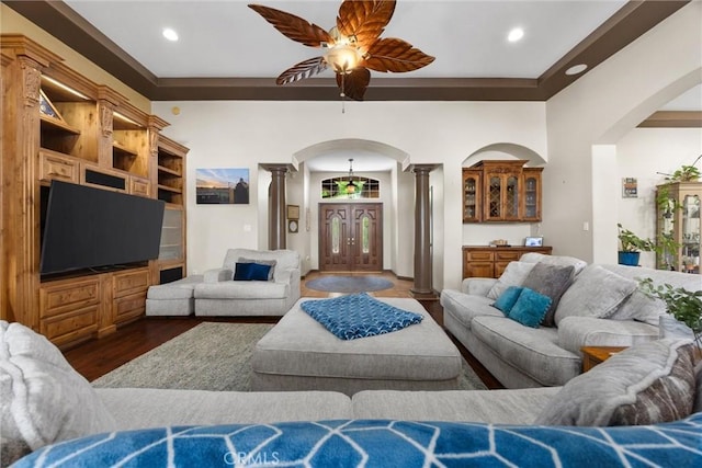 1806 Briercliff Ct, Bakersfield, CA 93311 - living room with ornate columns, arched walkways, wood finished floors, recessed lighting, and a ceiling fan