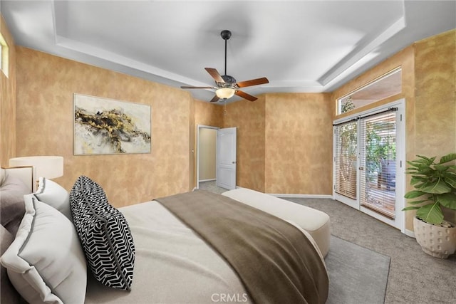 1806 Briercliff Ct, Bakersfield, CA 93311 - carpeted bedroom featuring a raised ceiling, access to exterior, and ceiling fan