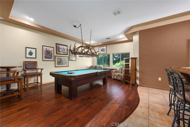 1806 Briercliff Ct, Bakersfield, CA 93311 - recreation room featuring billiards table, a raised ceiling, wood finished floors, and recessed lighting