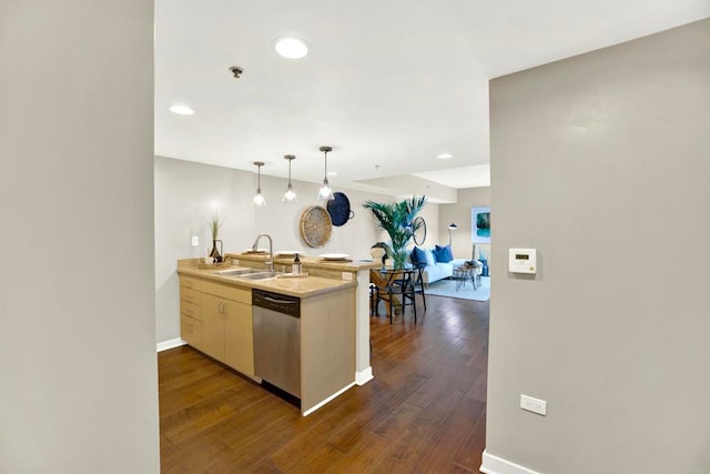425 W Beech St Unit 417, San Diego, CA 92101 - kitchen with dishwasher, a peninsula, dark wood-style floors, pendant lighting, and recessed lighting