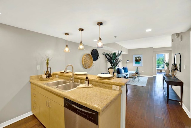425 W Beech St Unit 417, San Diego, CA 92101 - kitchen with dishwasher, a peninsula, dark wood-type flooring, decorative light fixtures, and recessed lighting