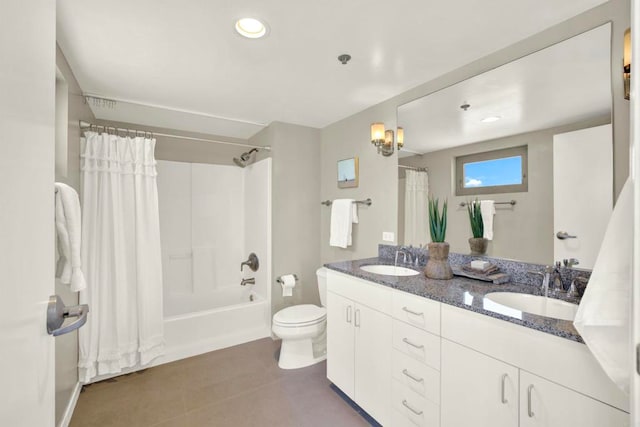 425 W Beech St Unit 417, San Diego, CA 92101 - bathroom featuring shower / bath combo with shower curtain, double vanity, tile patterned floors, and recessed lighting