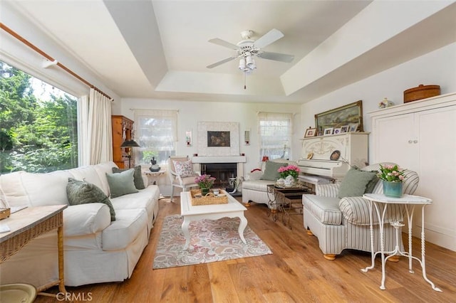 869 Phillips St, Vista, CA 92083 - living room with a tray ceiling, a ceiling fan, a fireplace, and wood finished floors