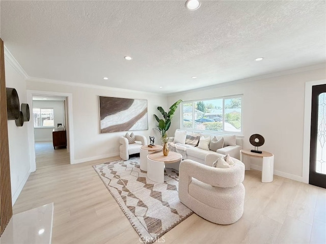23615 Tellgate Dr, Diamond Bar, CA 91765 - living room with light wood finished floors, plenty of natural light, recessed lighting, ornamental molding, and a textured ceiling