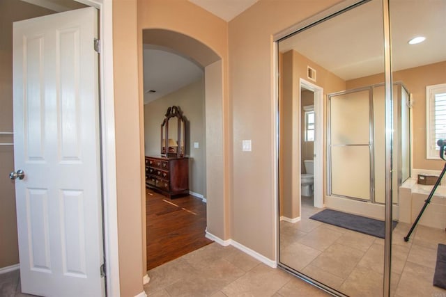 2414 Falcon Valley Dr, Chula Vista, CA 91914 - bathroom featuring a shower stall, tile patterned floors, and recessed lighting