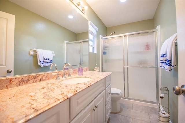 2414 Falcon Valley Dr, Chula Vista, CA 91914 - bathroom with vanity, a stall shower, tile patterned flooring, and recessed lighting
