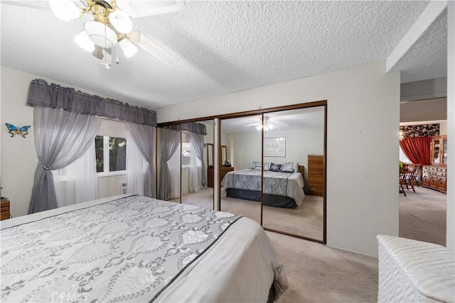 3032 Pietro Dr, Hacienda Heights, CA 91745 - bedroom with light carpet, a textured ceiling, ceiling fan, and a closet