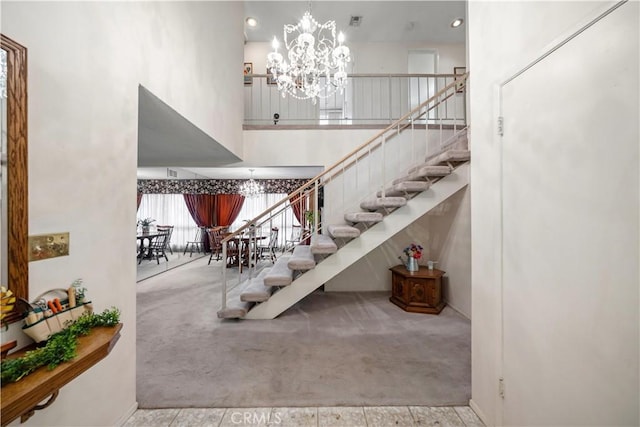 3032 Pietro Dr, Hacienda Heights, CA 91745 - stairway with carpet floors, a chandelier, a high ceiling, and recessed lighting