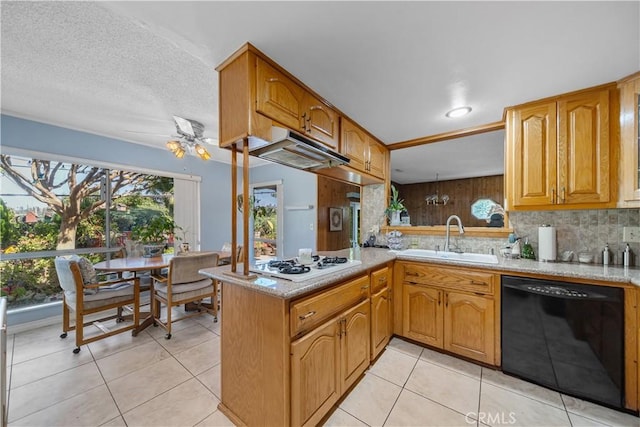 3032 Pietro Dr, Hacienda Heights, CA 91745 - kitchen featuring black dishwasher, white gas stovetop, backsplash, light tile patterned flooring, and a textured ceiling
