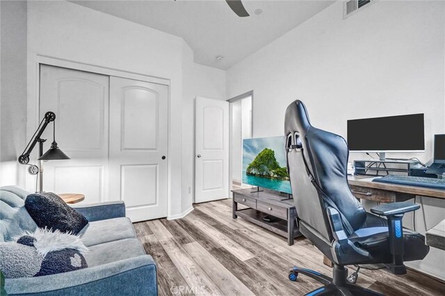 17035 Independence Way, Yorba Linda, CA 92886 - office area with wood finished floors and a ceiling fan