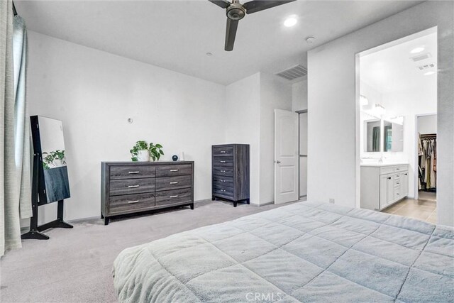 17035 Independence Way, Yorba Linda, CA 92886 - bedroom featuring light colored carpet, ensuite bathroom, ceiling fan, and recessed lighting
