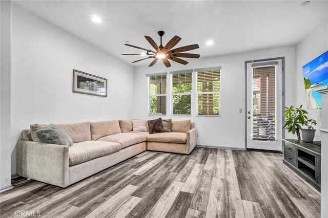 17035 Independence Way, Yorba Linda, CA 92886 - living area featuring a ceiling fan, wood finished floors, and recessed lighting