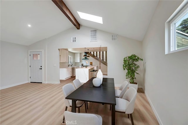 1478 N Park Ave, Pomona, CA 91768 - dining area with a skylight, light wood finished floors, beam ceiling, and high vaulted ceiling