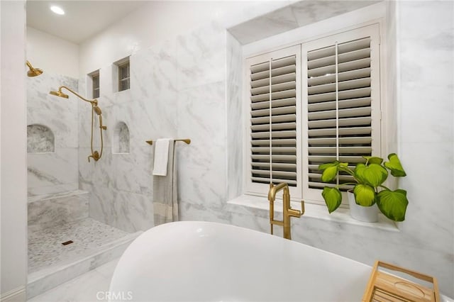 4368 Crown Ranch Rd, Corona, CA 92881 - full bathroom featuring a freestanding bath and a marble finish shower