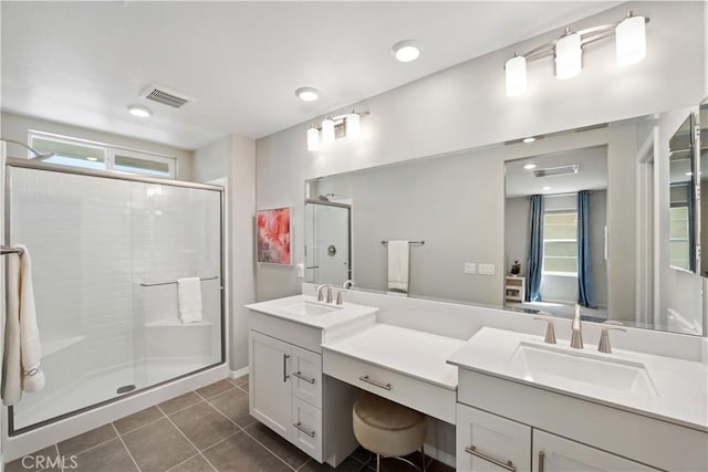 27753 Dyer Way, Canyon Country, CA 91387 - bathroom featuring double vanity, a shower stall, and tile patterned floors