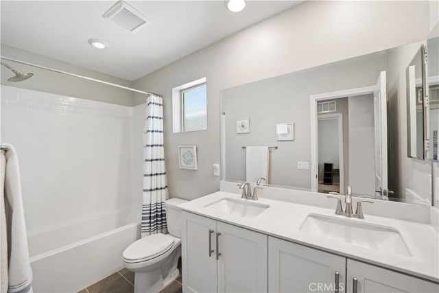 27753 Dyer Way, Canyon Country, CA 91387 - full bath with shower / tub combo with curtain, double vanity, and tile patterned flooring