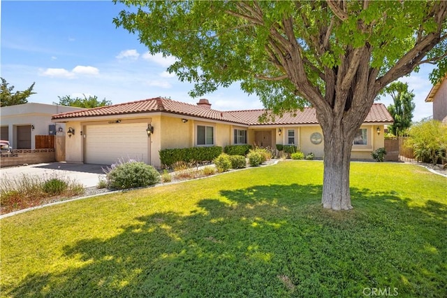42903 Normandy Ln, Lancaster, CA 93536 - view of front of house with stucco siding, a garage, a tiled roof, driveway, and a chimney
