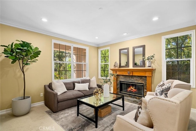 2 Tarascon, Newport Coast, CA 92657 - carpeted living room featuring plenty of natural light, ornamental molding, a fireplace, and recessed lighting