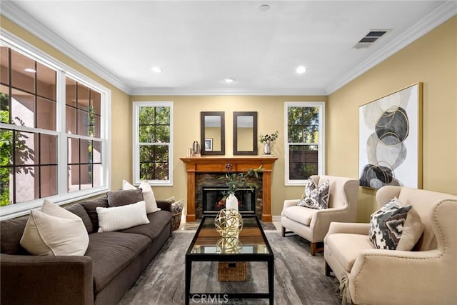 2 Tarascon, Newport Coast, CA 92657 - living room with ornamental molding, recessed lighting, wood finished floors, and a high end fireplace