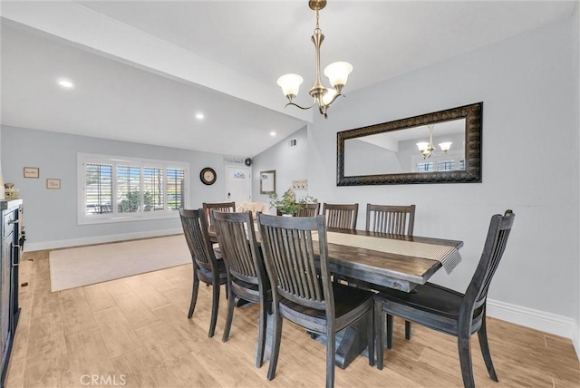 1232 Palos Verde Dr, Corona, CA 92878 - dining space with a chandelier, light wood-style floors, lofted ceiling, and recessed lighting